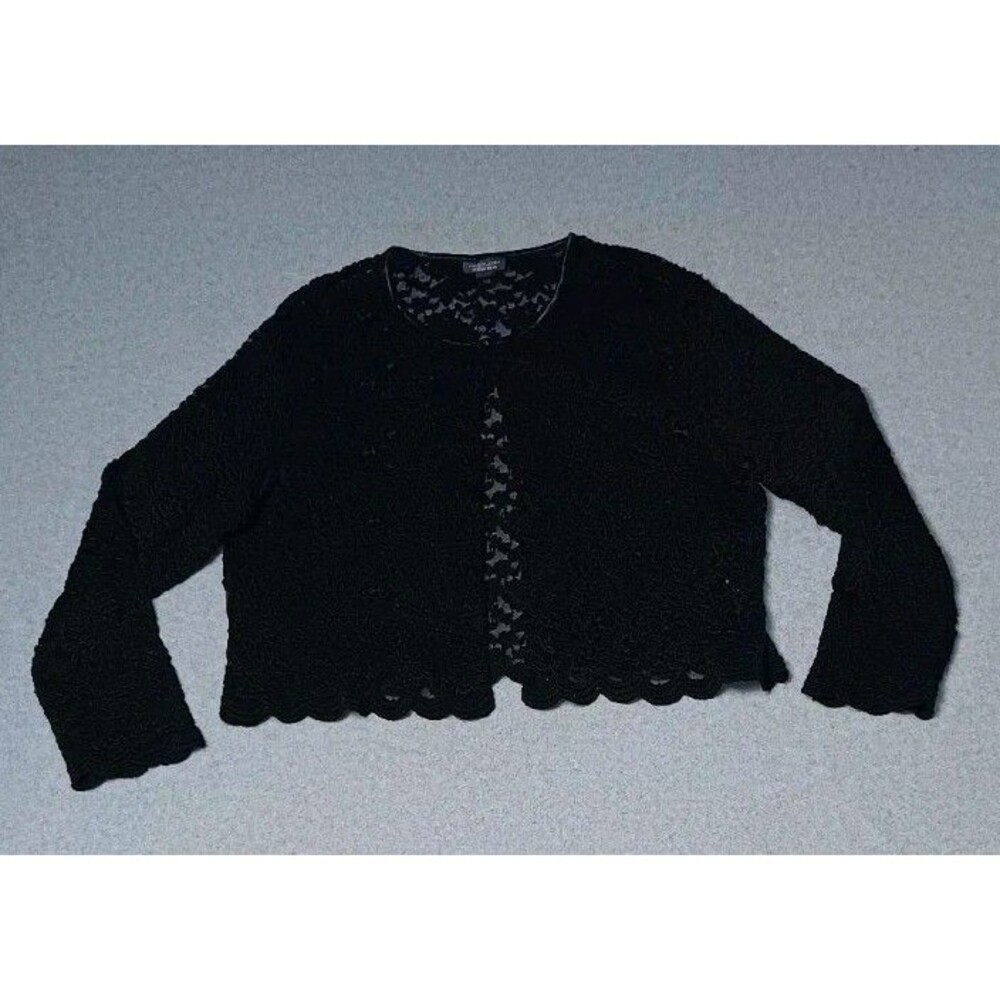 VTG Y2K Dressbarn Crochet Scalloped Lace Cropped Cardigan Shrug 14/16 Black Goth